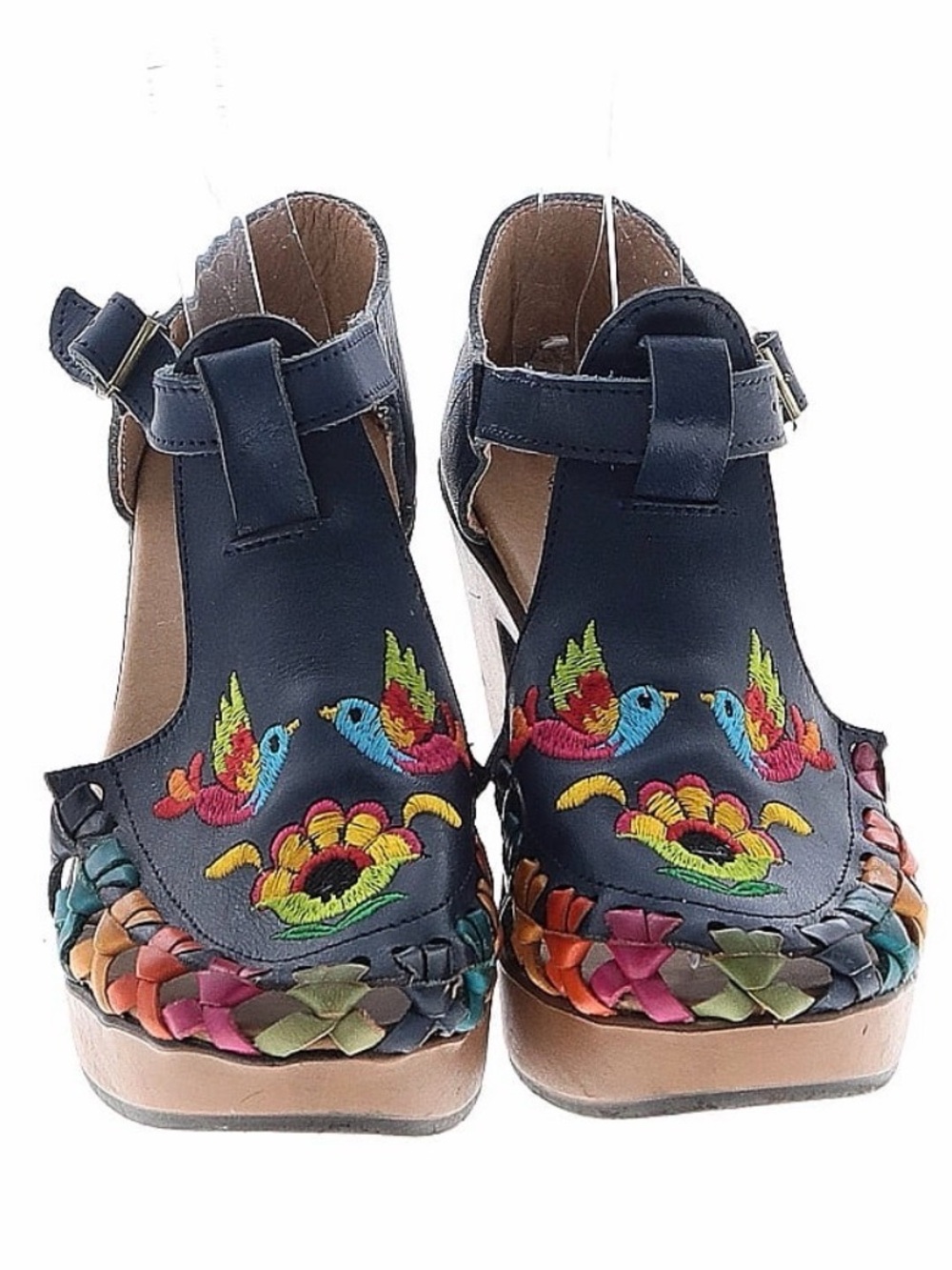 Tropical print clogs with T- strap buckle and 4 1/2 inch wooden heel 💥